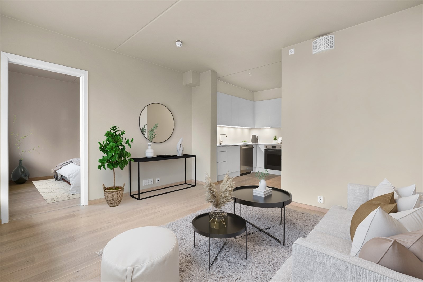 Noen av bildene har en digital styling hvor du kan se forslag til møblering. I stuen er det plass til både sofa og spisebord. Galleribilde