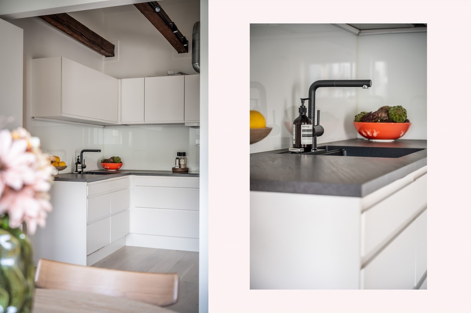 Integrerte hvitevarer fra Bosch med komfyr, platetopp, oppvaskmaskin og kjøl/frys. Galleribilde