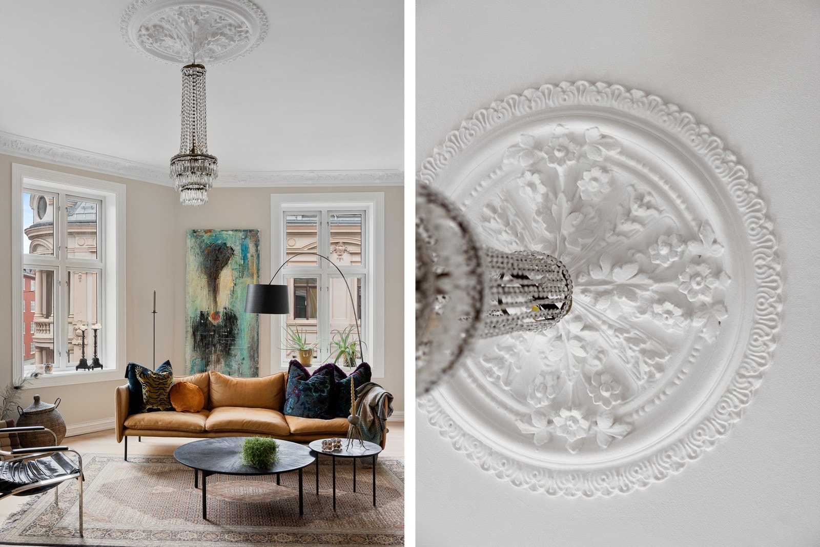 Her er det flotte detaljer med stukkatur og rosett. Galleribilde