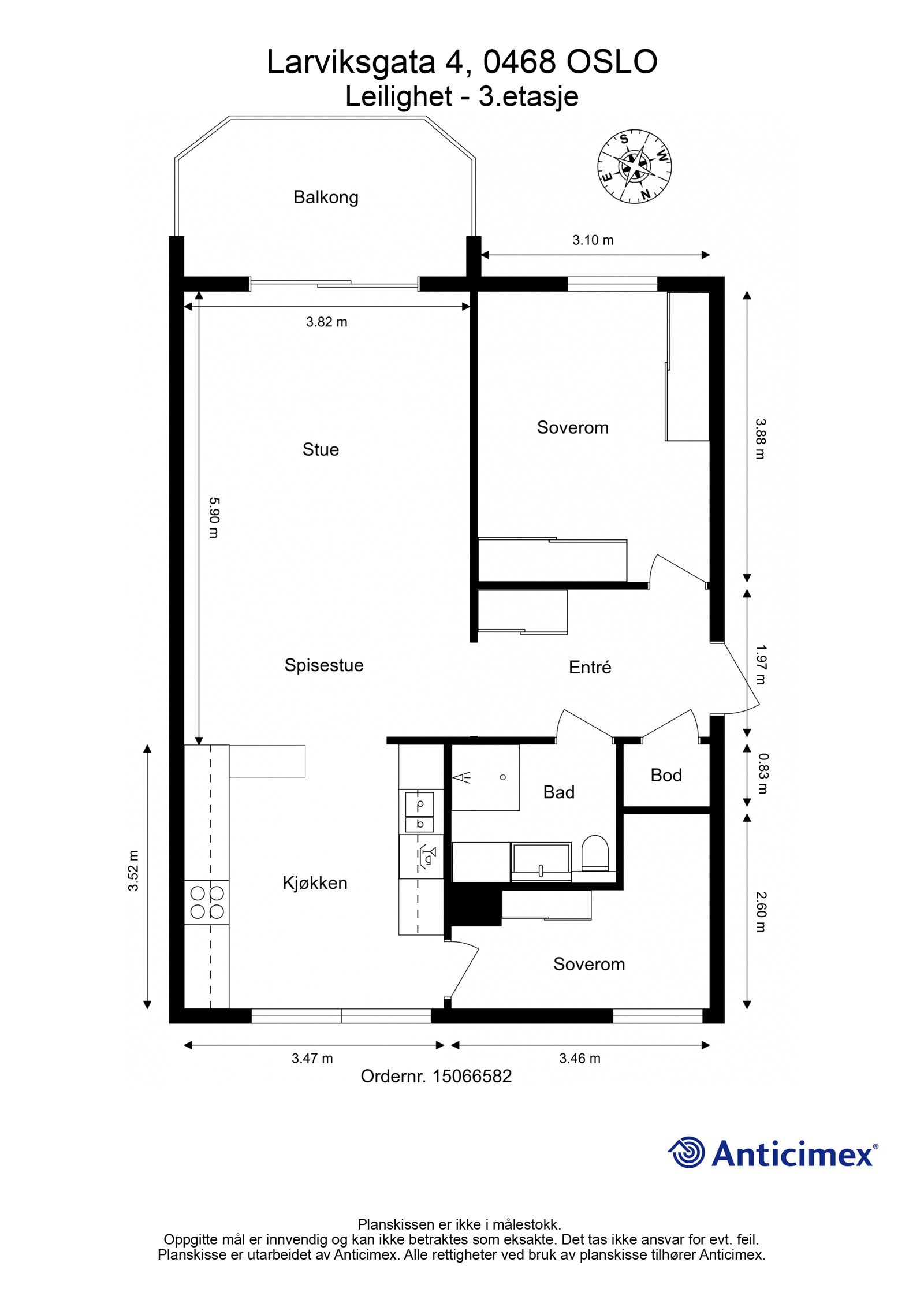 Plantegning. I tillegg disponerer leiligheten en loftsbod på ca. 2m². Sykler og barnevogner kan fint oppbevares i første etasjen (inngang fra Larviksgata). Galleribilde