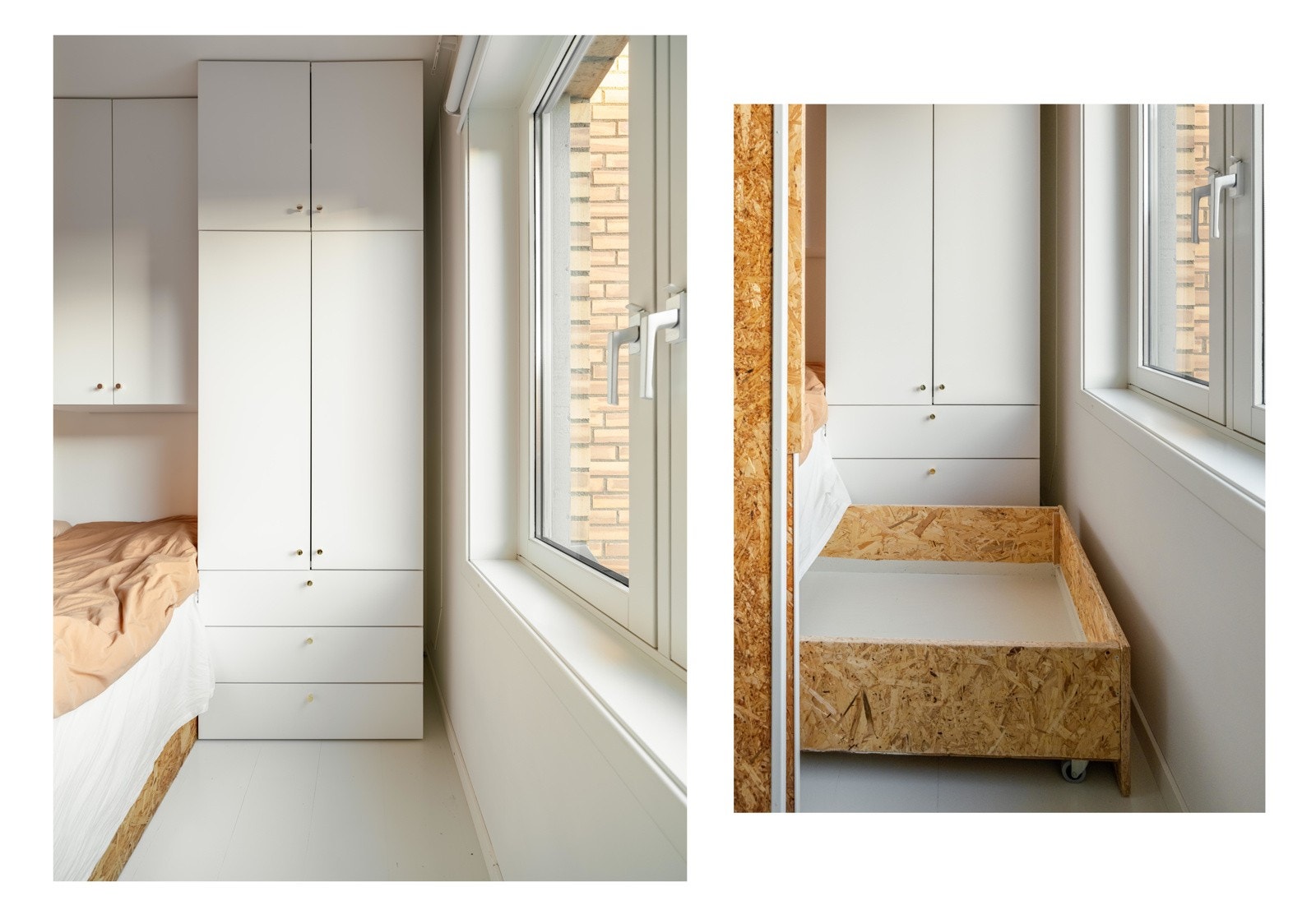 Det er også laget dyp skuff på hjul for oppbevaring under seng. Galleribilde