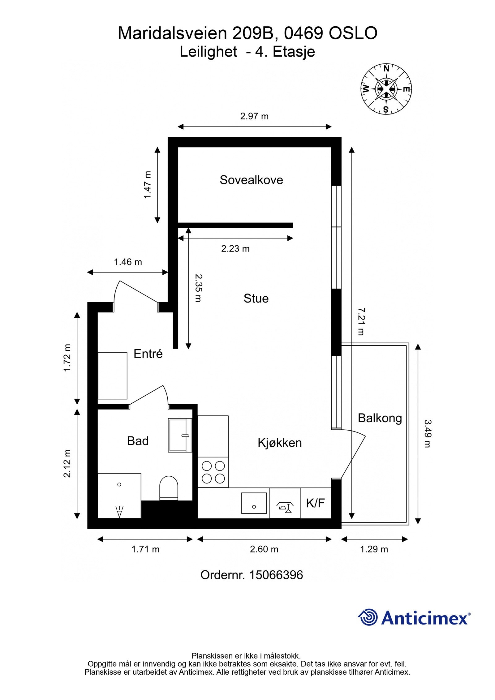 Plantegning. Leiligheten har en sosial, åpen stue- og kjøkkenløsning. Galleribilde