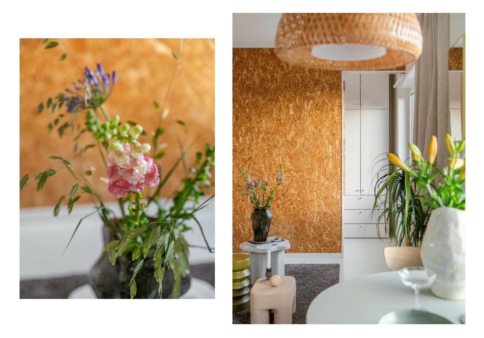 Det er satt opp en lettvegg i kryssfinér med skyvedør i stuen som skiller sovealkove og oppholdsrom. Galleribilde