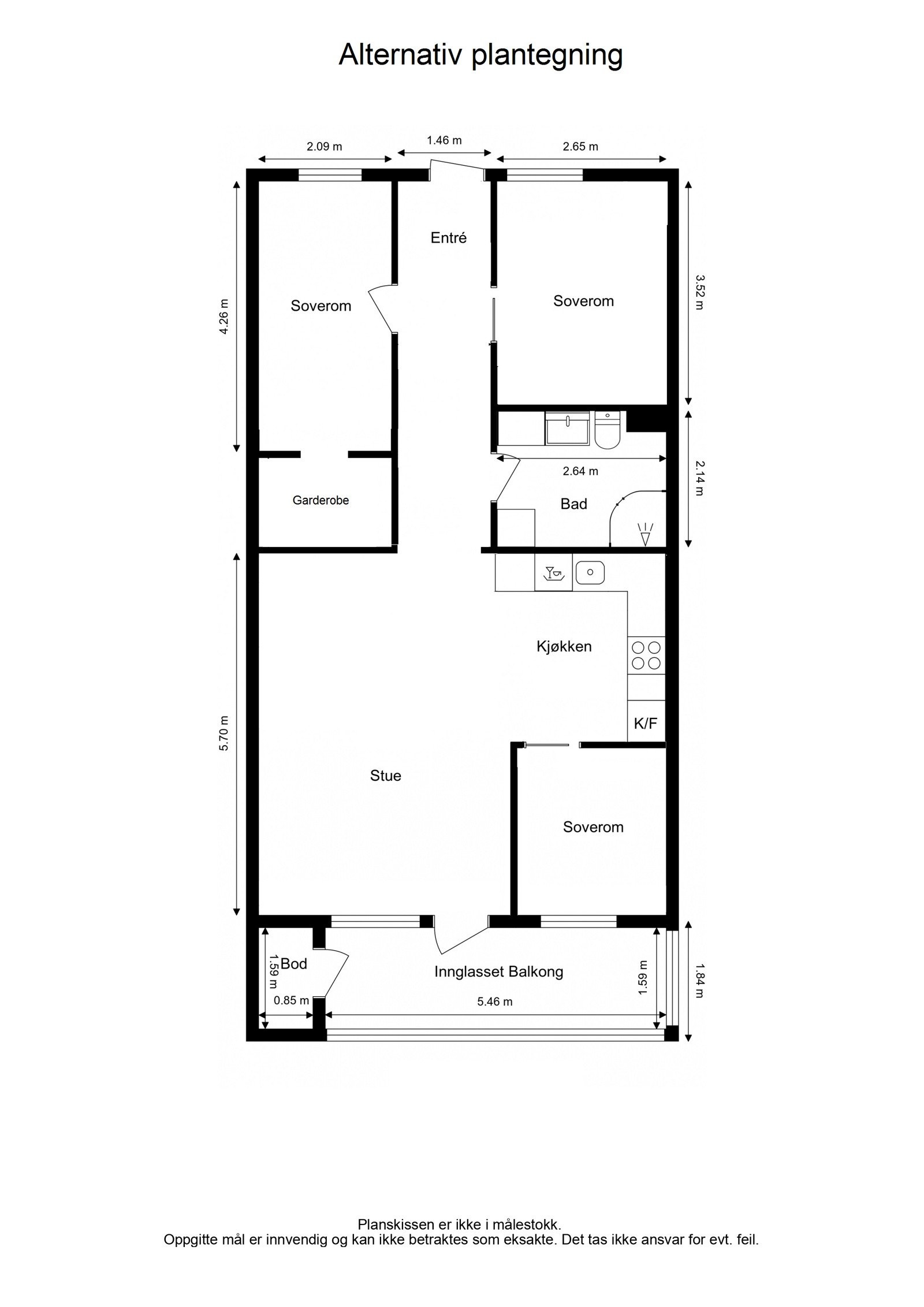 Alternativ plantegning. Flere naboer har flyttet kjøkken ut i stue til fordel for ett ekstra soverom eller åpen stue-/kjøkkenløsning. Galleribilde