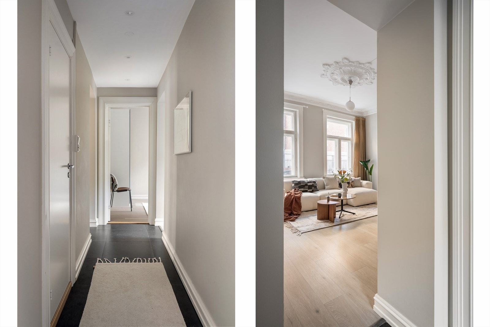 En lys gang fører deg mellom rommene. Galleribilde