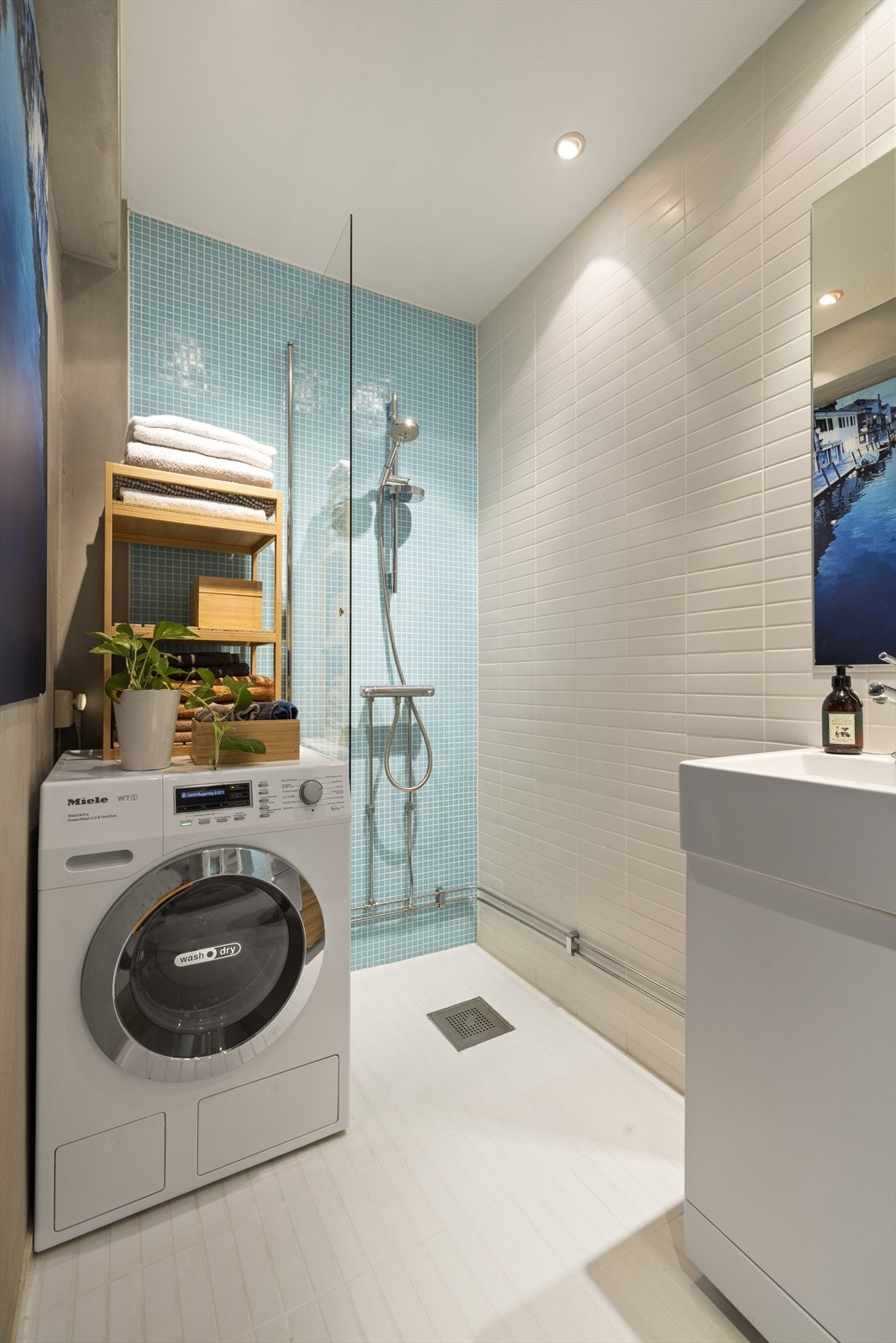 Opplegg for vaskemaskin. Eier opplever ikke problemer med badet. Galleribilde