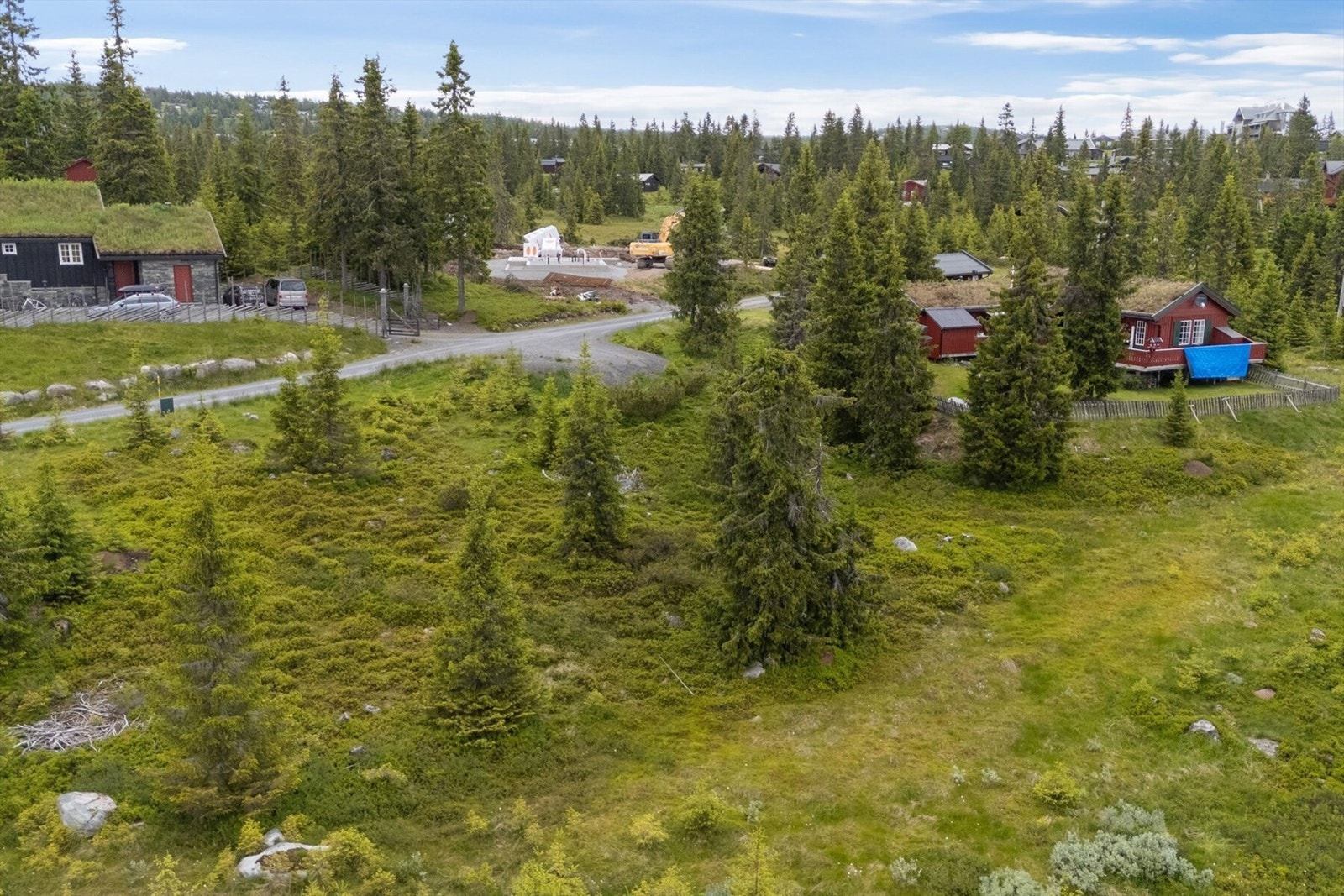 Dronefoto over tomt. Galleribilde
