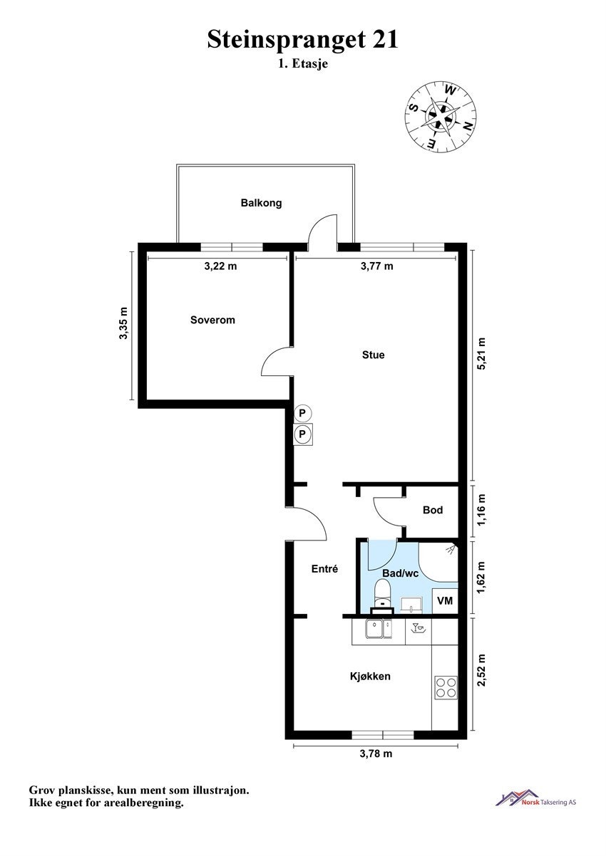 Plantegning. Leiligheten disponerer i tillegg loftsbod med gulvareal på ca. 10 m² og kjellerboder på hhv. 2,6 og 3,2 m². Galleribilde