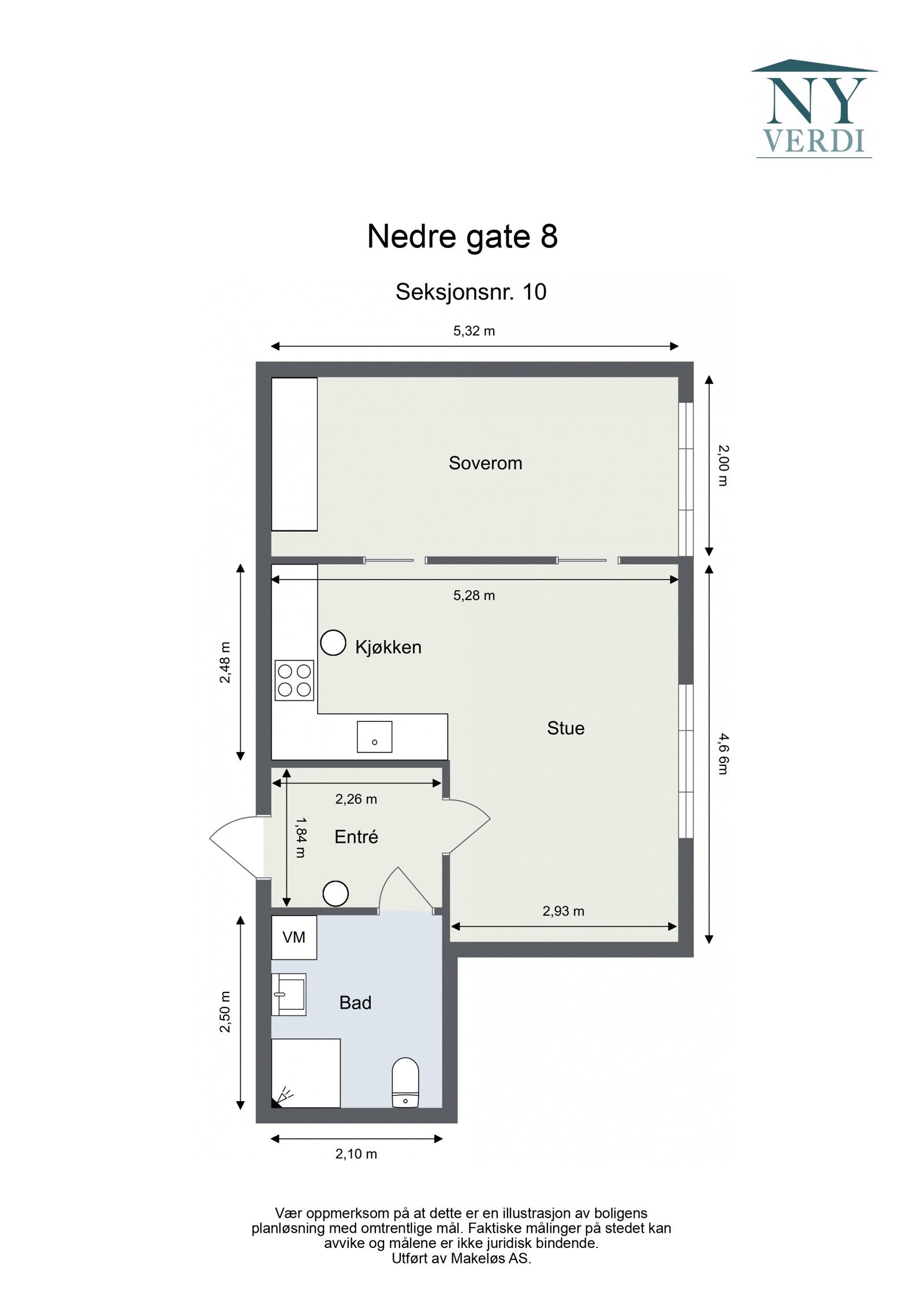 Plantegning. I tillegg disponerer leiligheten en kjellerbod på ca. 8,4m². Heis i bygget. Galleribilde