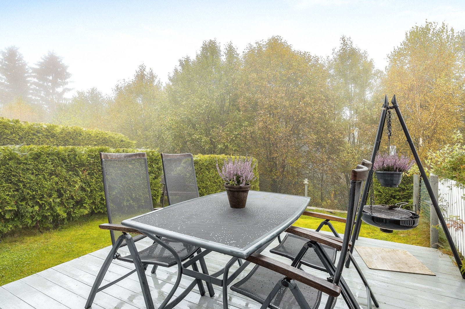 Terrasse og hage på baksiden vendt mot skogen. Galleribilde