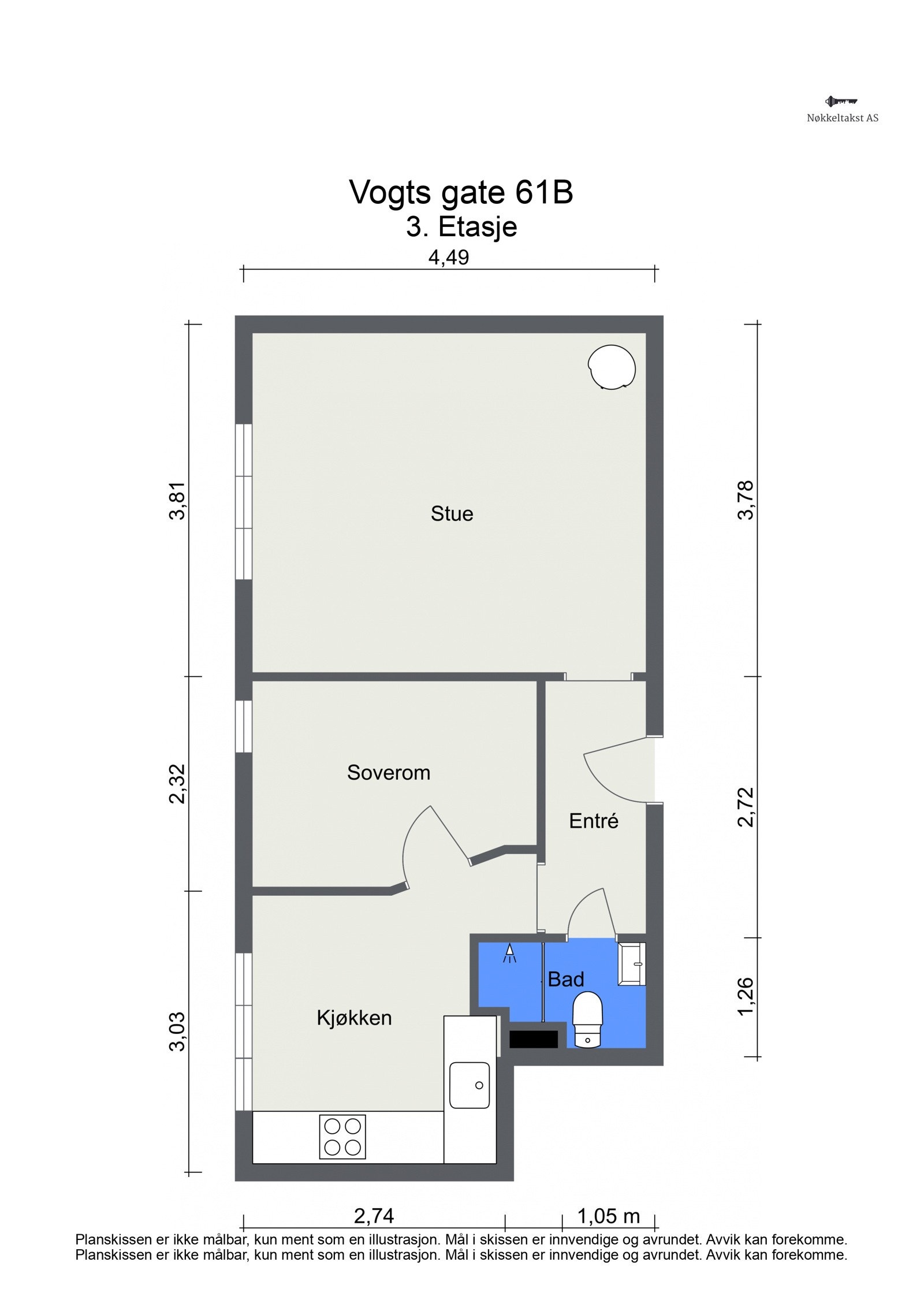 Vogts gate 61B ( 3.etg) 40 kvm bestående av entré, luftig stue med peisovn, separat kjøkken med spiseplass, soverom med garderobeskap og baderom. Lagring i to boder med totalt 10 kvm gulvareal. Galleribilde