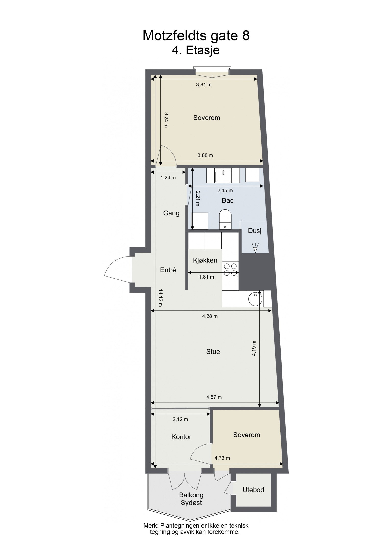 Plantegning. Leiligheten har bod på balkong og en loftsbod i tillegg. Galleribilde