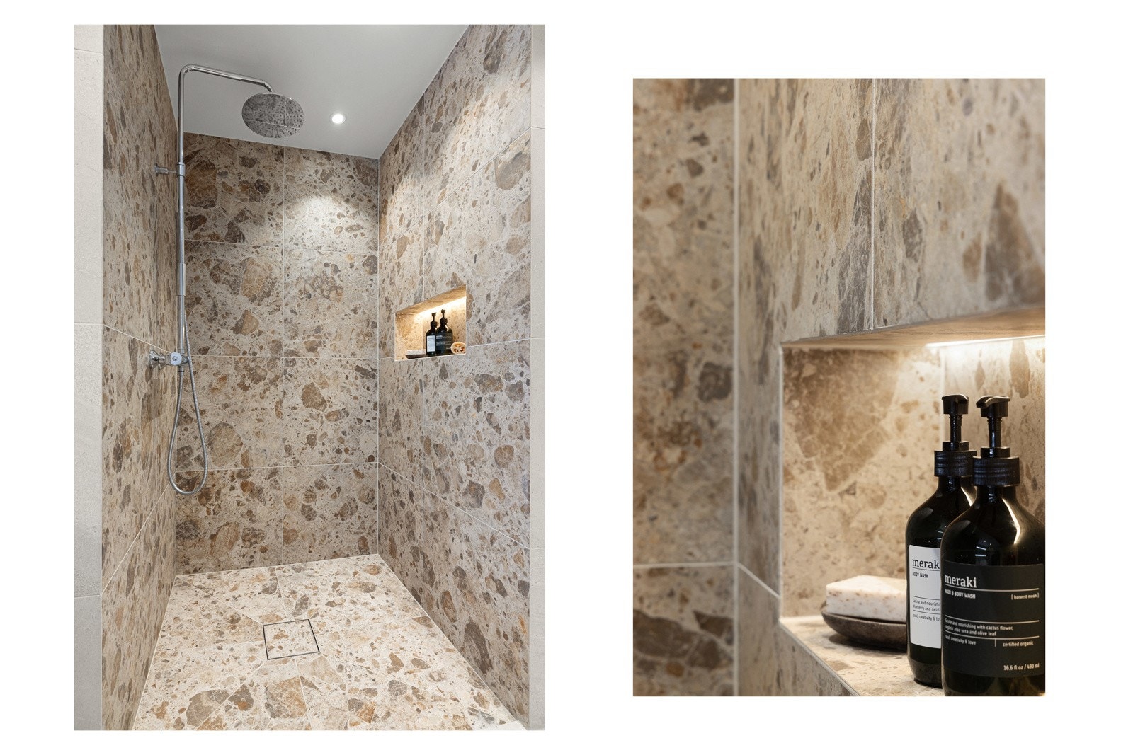 Romslig dusj med plassbygget hylle og innfelt belysning med skjult anlegg. Galleribilde