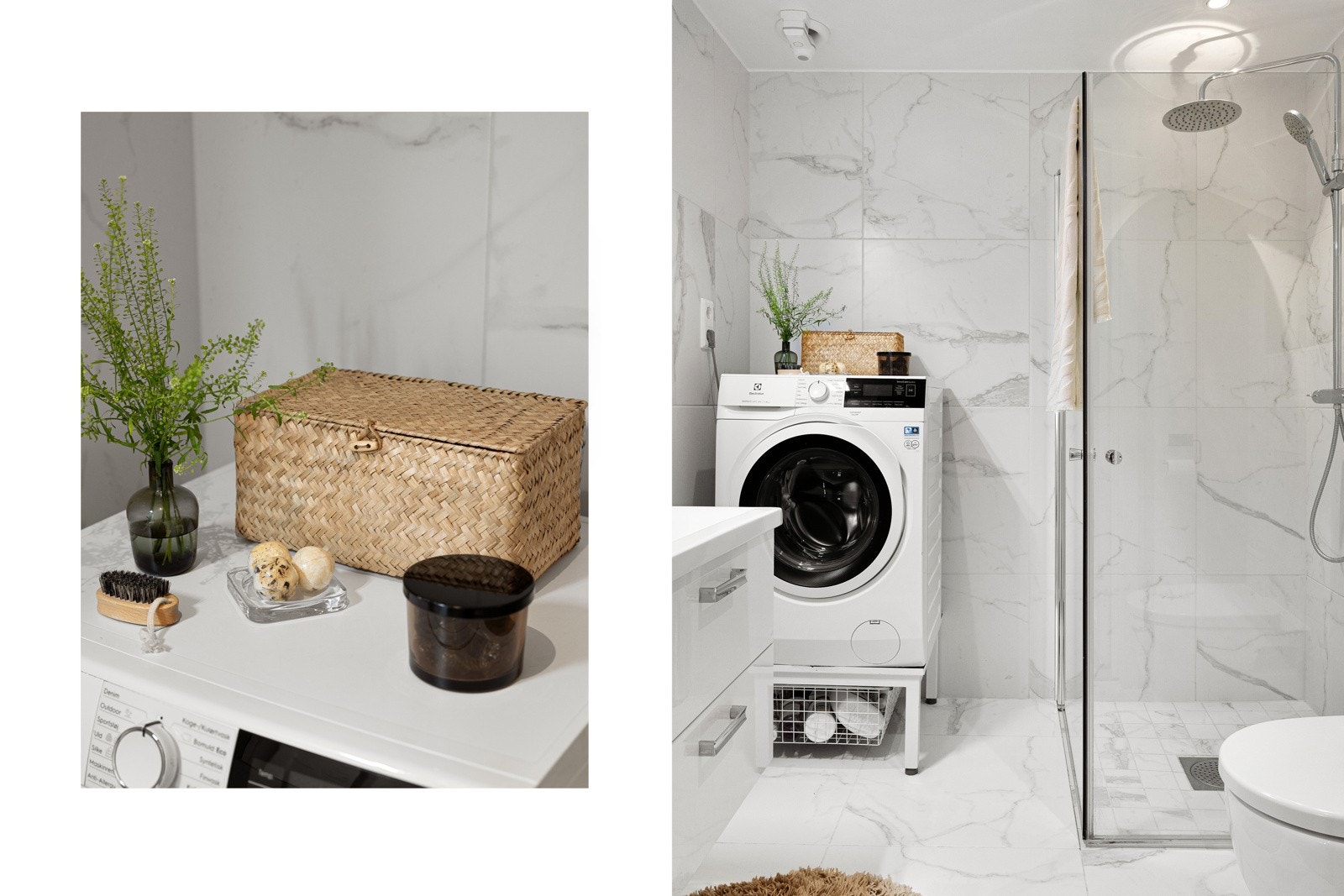 Lyst og delikat flislagt bad med varmekabler. Dusjløsning med svingbare glassdører og termostatstyrt dusjbatteri i krom, utstyrt med både hånddusj og regnfallsdusj. Galleribilde