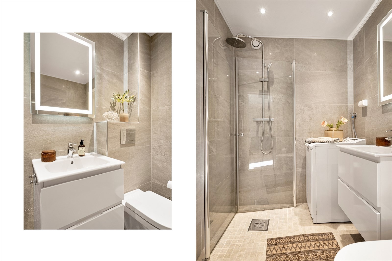 Badet har stilsikre fliser på gulv og vegger og downlights i himling. Galleribilde