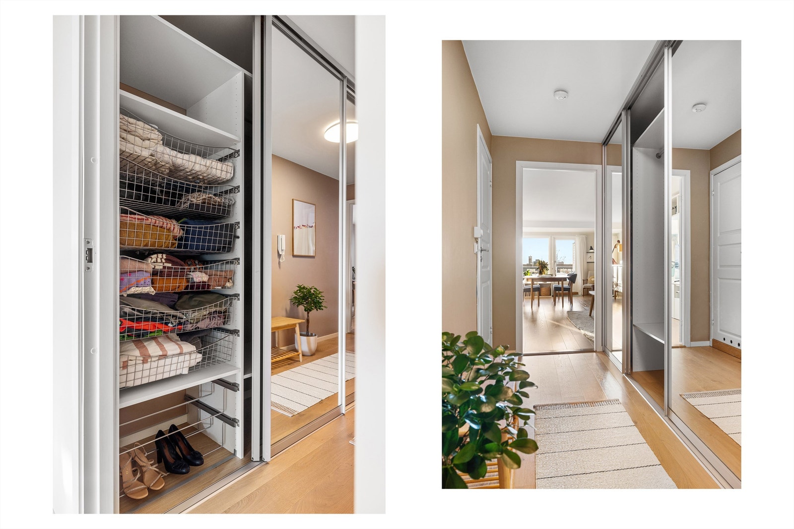 En praktisk entré med store skyvedørsgarderober er bindeleddet mellom kjøkken og stuen. Her er det også adkomst til et av leilighetens to bad. Galleribilde