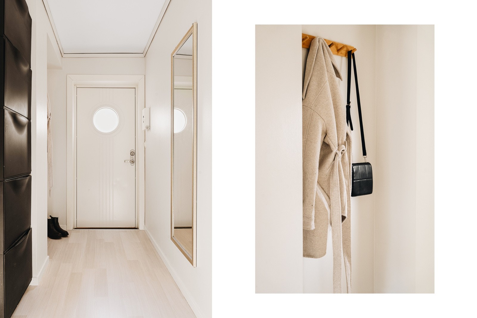 Vi starter i gangen hvor man har tilgang til alle rommene i leiligheten. Gangen måler 4,9 kvm og har muligheter for oppbevaring. Videre går vi inn i boligens åpne stue/kjøkken løsning. Galleribilde