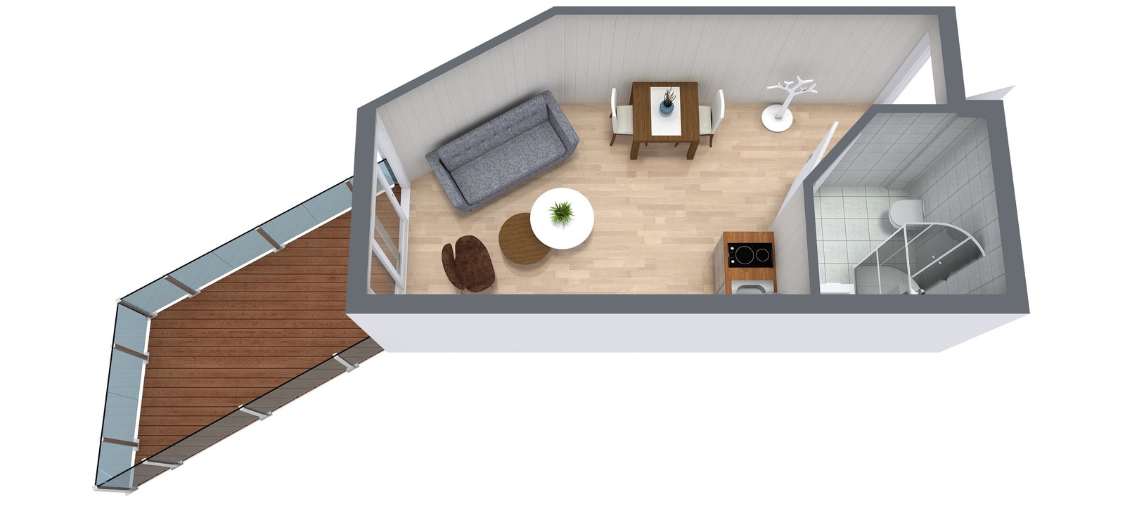 Suiten har eget flislagt bad, kjøkkenkrok og kombinert stue/sov og en flott usjenert terrasse. Galleribilde