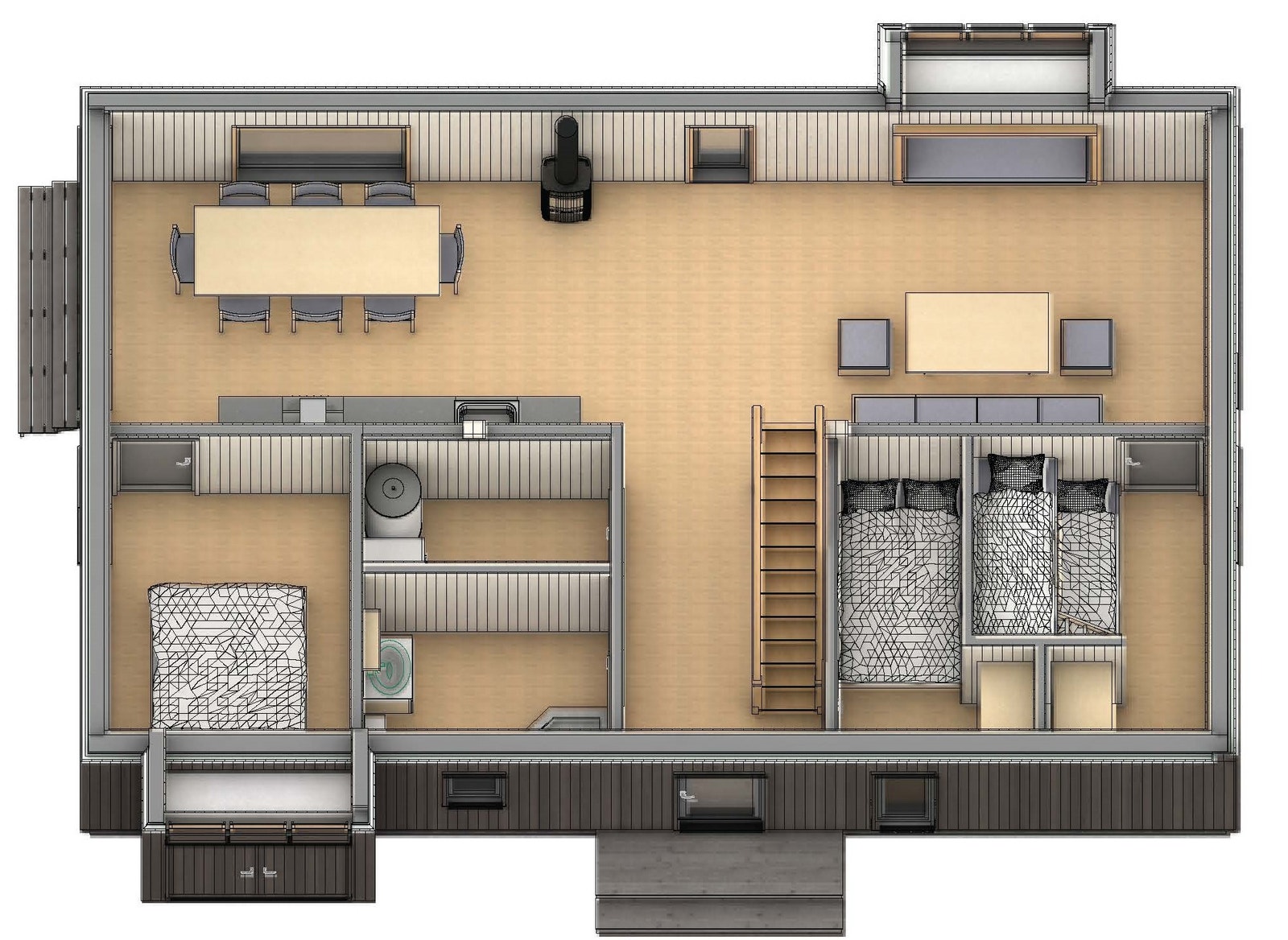 1. etg i fugleperspektiv ovenfra fra øst. Vist med mulig innhold av møbler og utstyr Galleribilde