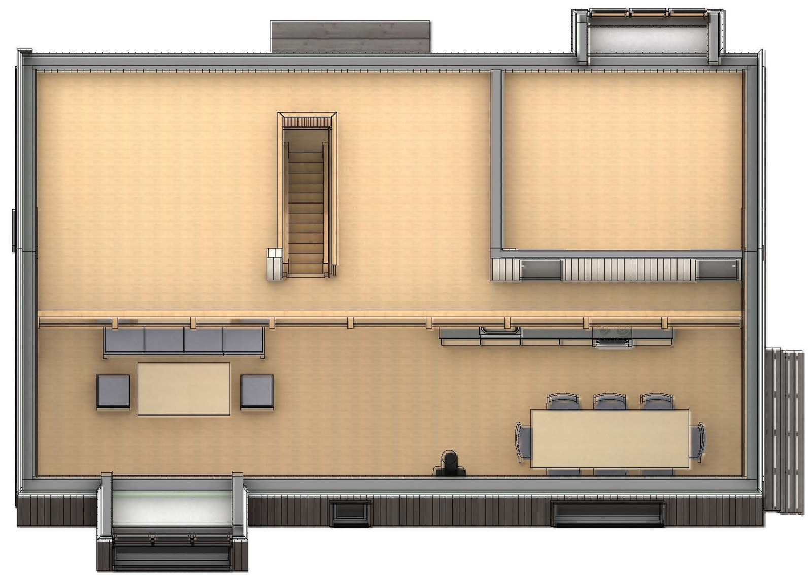 Hems med hemsrom vist ovenfra. Glassrekkverk ned mot allrom.
Trapp opp fra entre Galleribilde