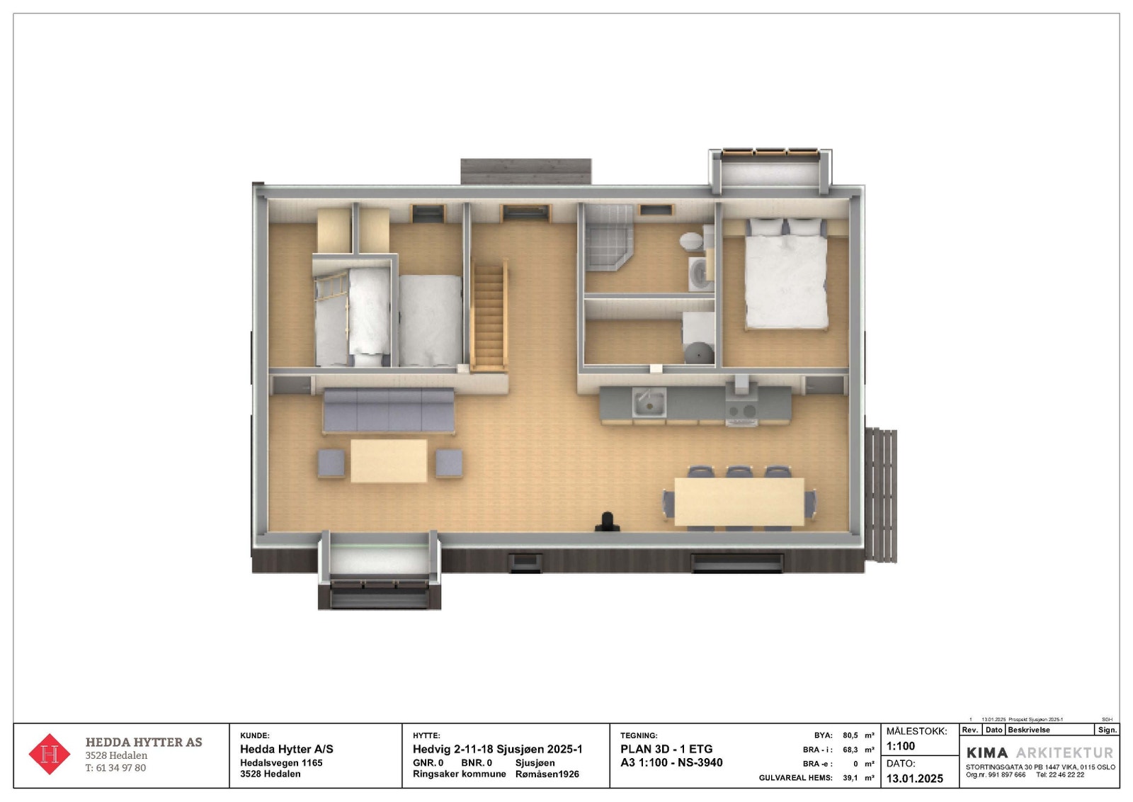 1. etg i fugleperspektiv ovenfra fra vest. Vist med mulig innhold av møbler og utstyr Galleribilde