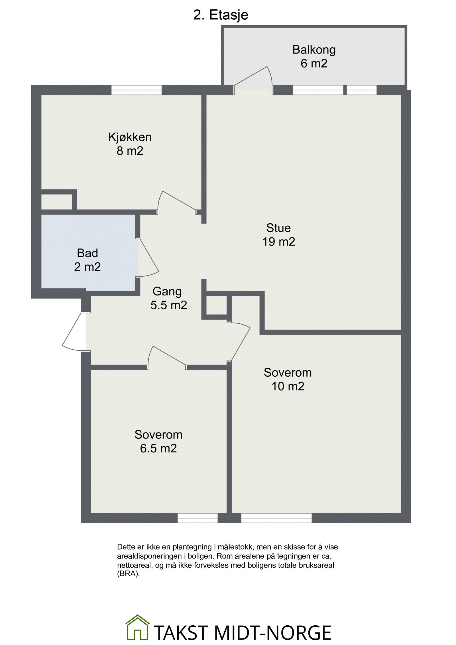 Planskisse 2. etasje. Øvrig: tre boder i fellesareal, p-plass og hageparsell medfølger. Galleribilde