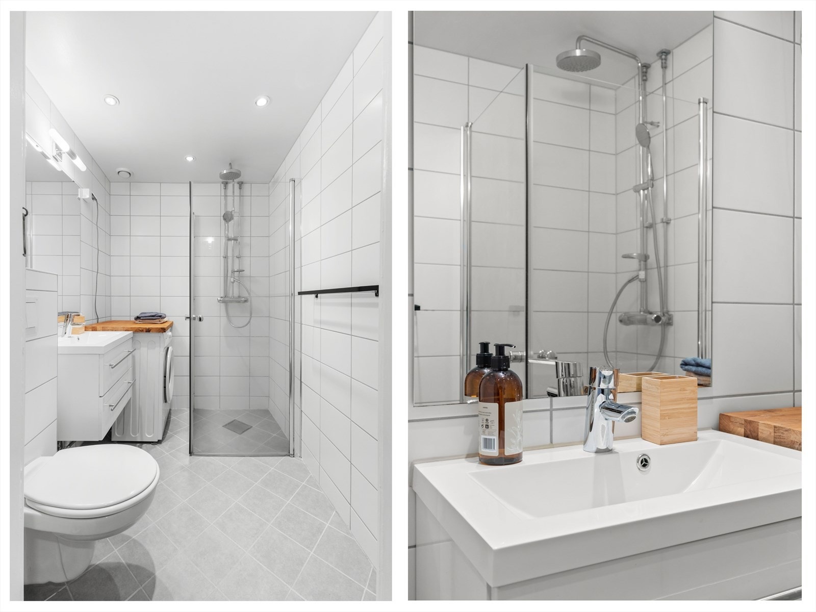 Badet er innredet med vegghengt toalett, servant nedfelt i innredning og dusjhjørne med svingbare glassdører. Det er opplegg for vaskemaskin. Galleribilde