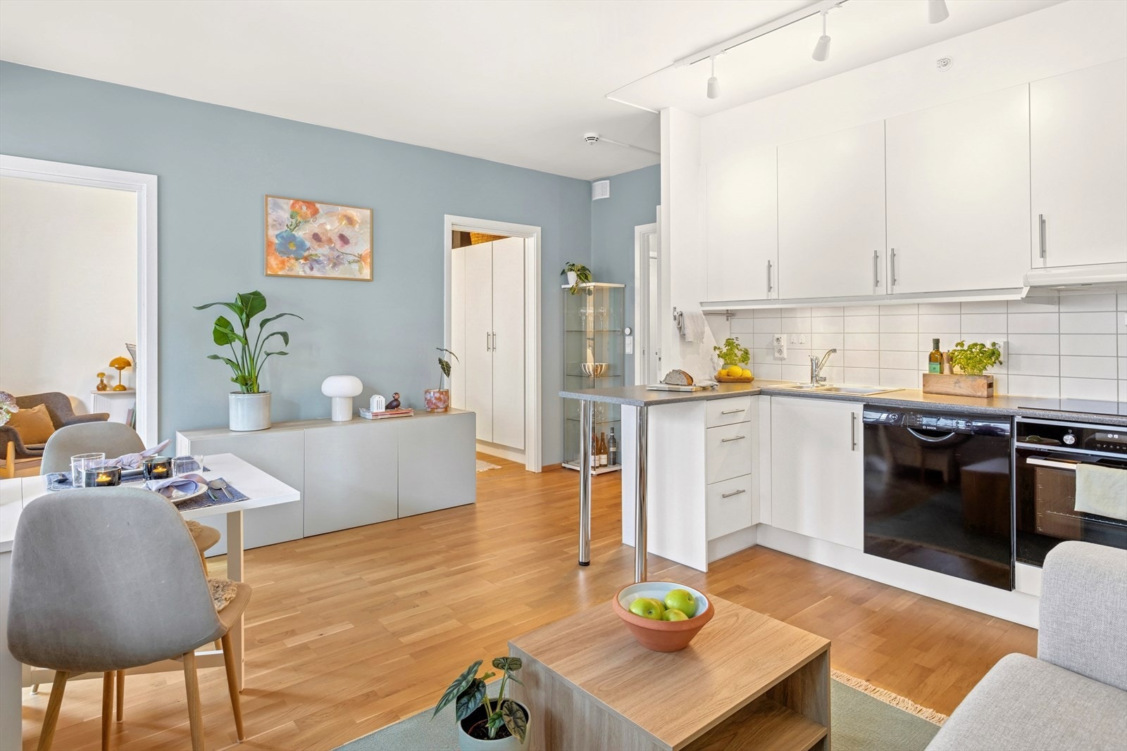 Innredningen består av hvite glatte fronter, benkeplaten er i laminat. Galleribilde