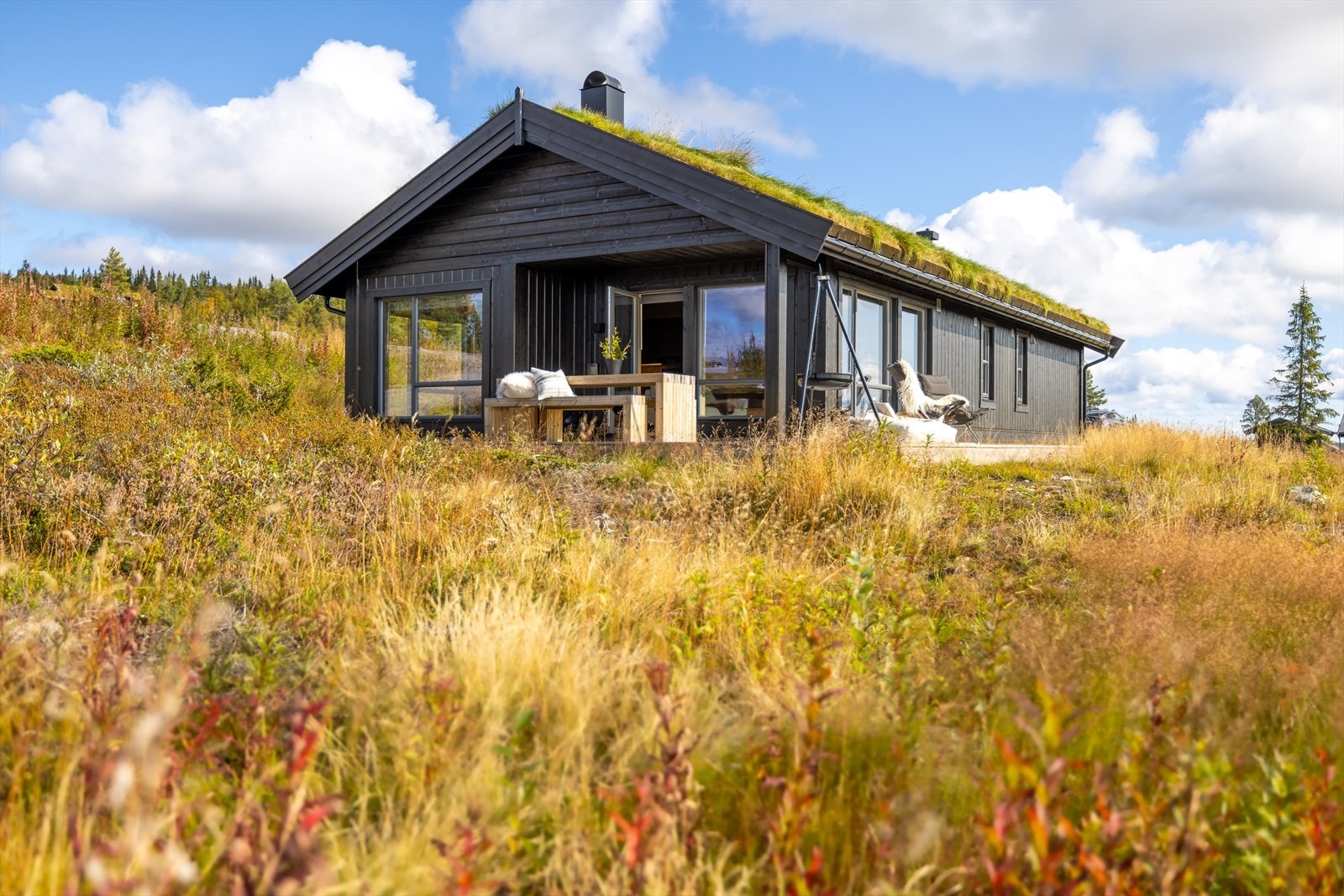 Hytta får en sør-vestvendt beliggenhet med sol hele dagen Galleribilde