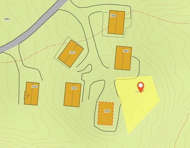 Tomtekart. Møneretning på hytte vil være nord-sør Galleribilde