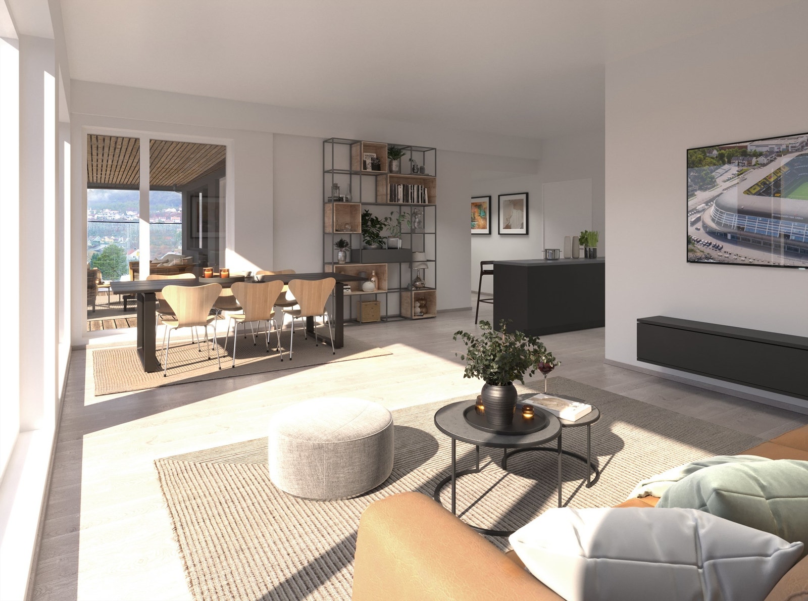 God plass i stuen med adkomst til romslig og meget solrik balkong Galleribilde