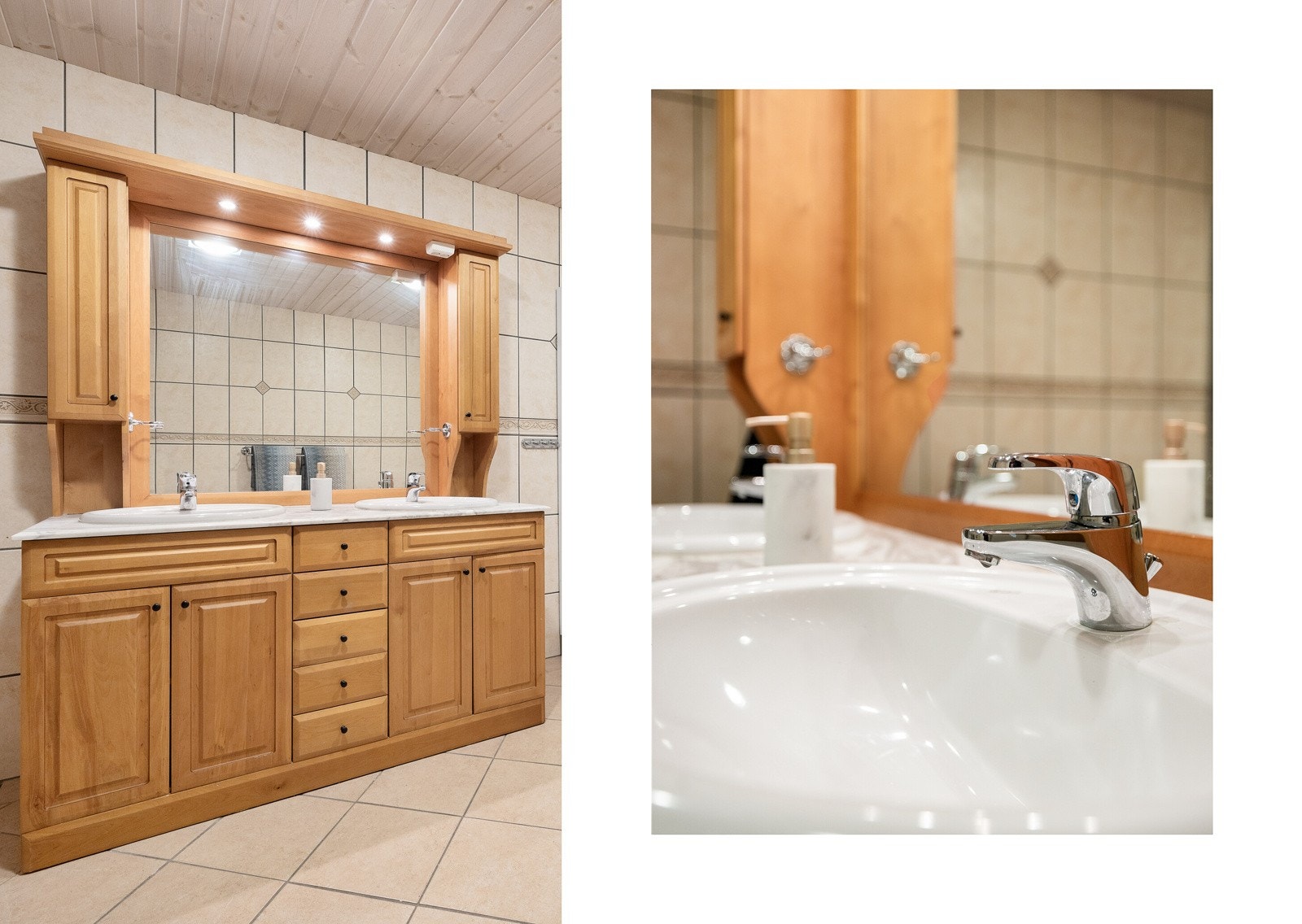 Innredning med god lagringsplass og doble servanter i marmor. Galleribilde