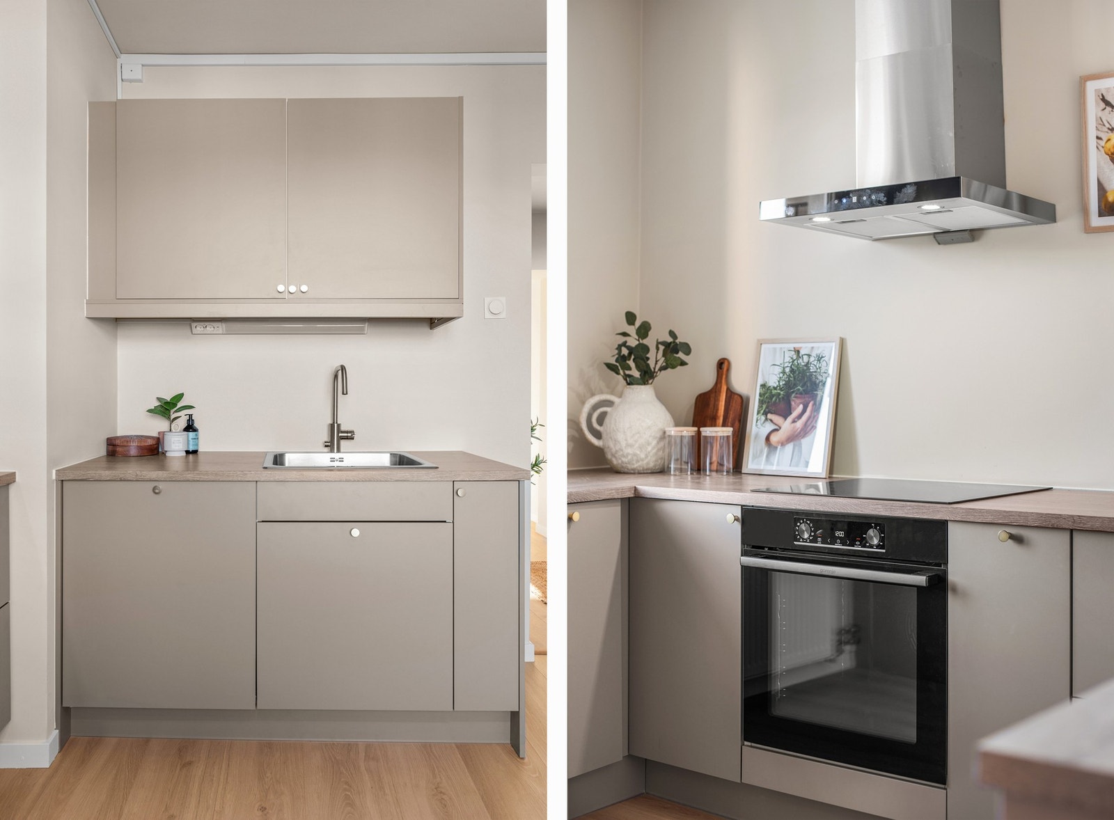 Kjøkkenet har alle hvitevarer integrert - stekeovn, oppvaskmaskin, kjøl/frys og platetopp, samt ventilator i børstet stål. Galleribilde