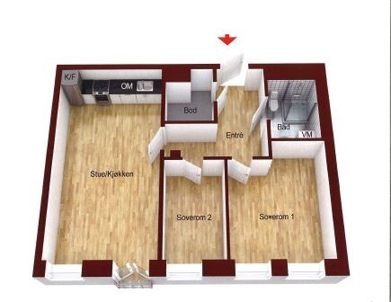 Plantegning av leiligheten. Det er også en bod i kjeller. Galleribilde