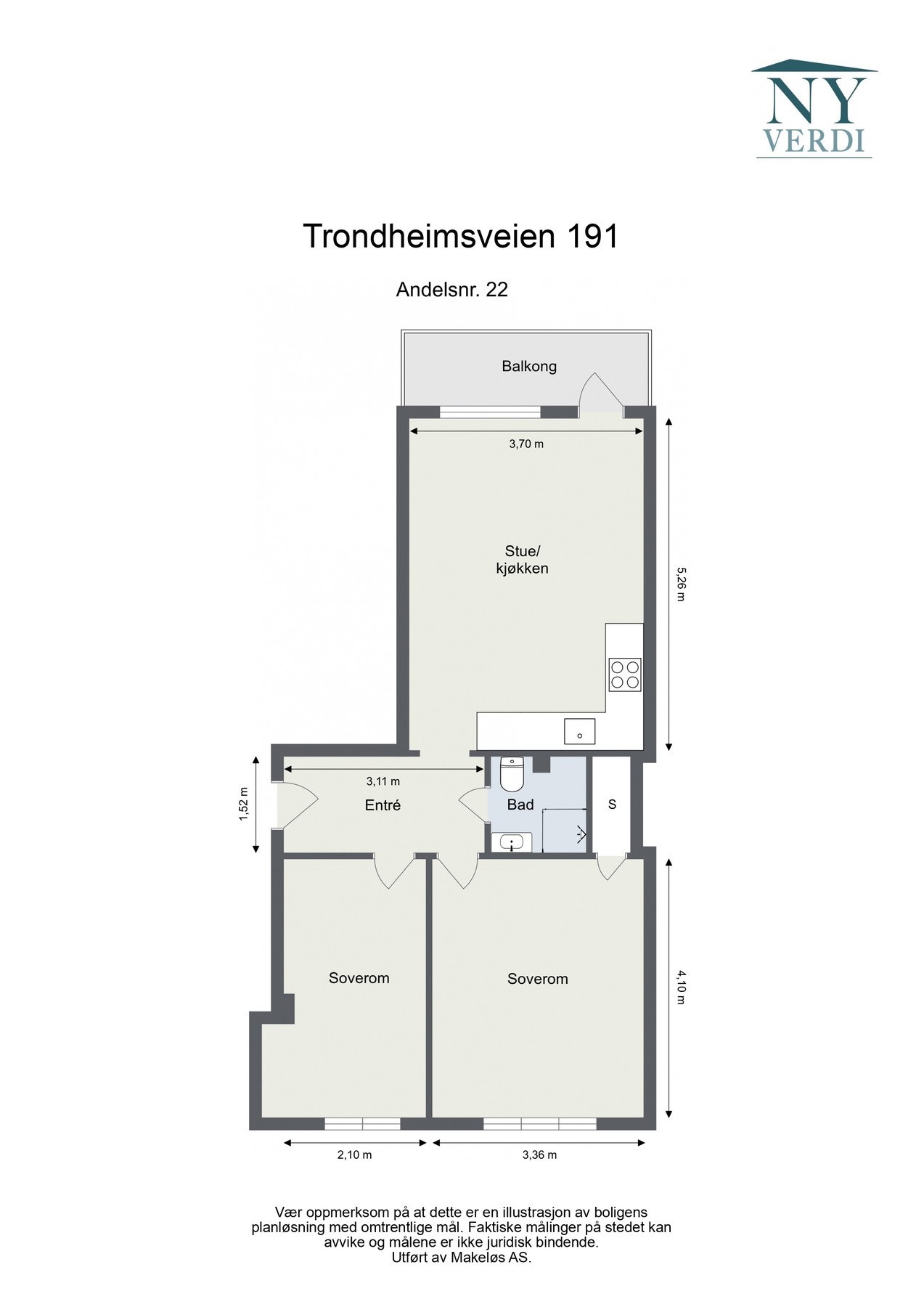Plantegning. Leiligheten disponerer en bod i kjeller på ca. 1,7 kvm. Galleribilde