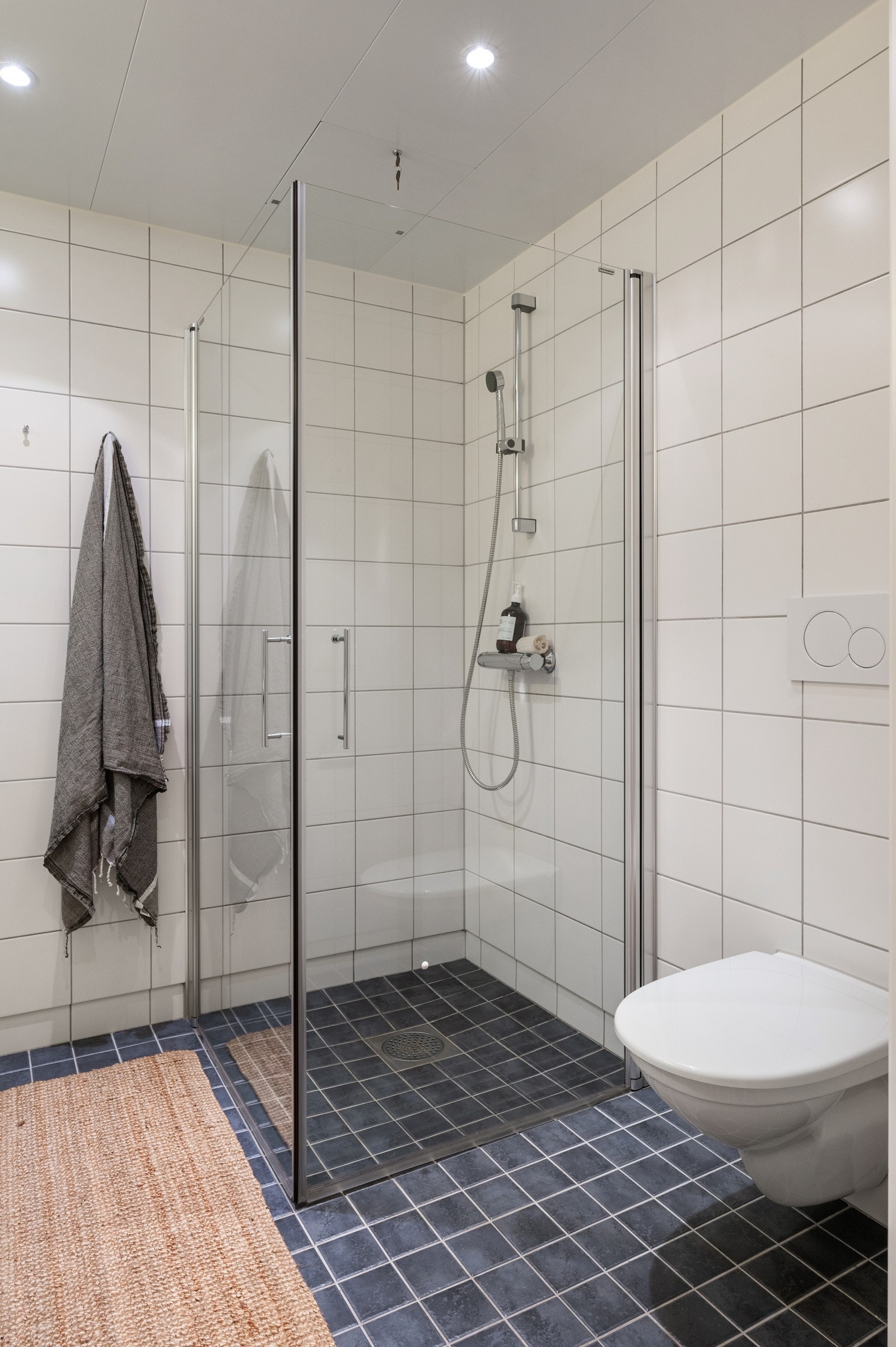 Badet er utstyrt med vegghengt toalett og dusjhjørne med innfellbare glassdører i herdet glass Galleribilde