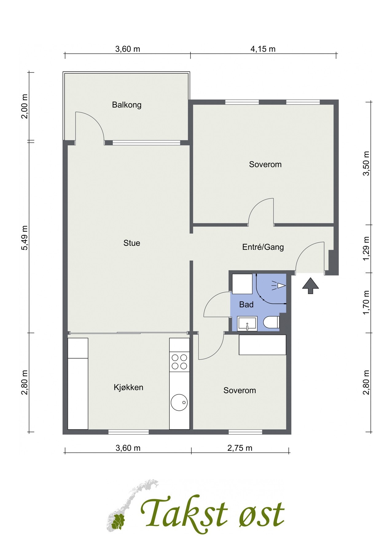 Plantegning. Dagens løsning som 3-roms. Galleribilde