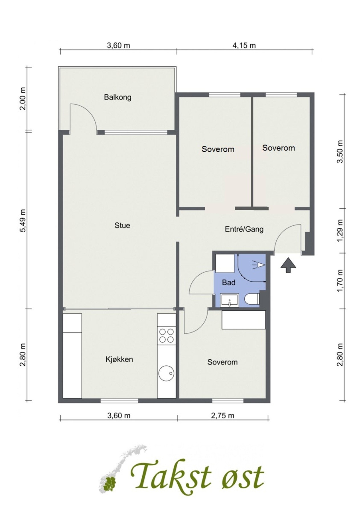 Plantegning. Alterantiv løsning som 4-roms. Galleribilde