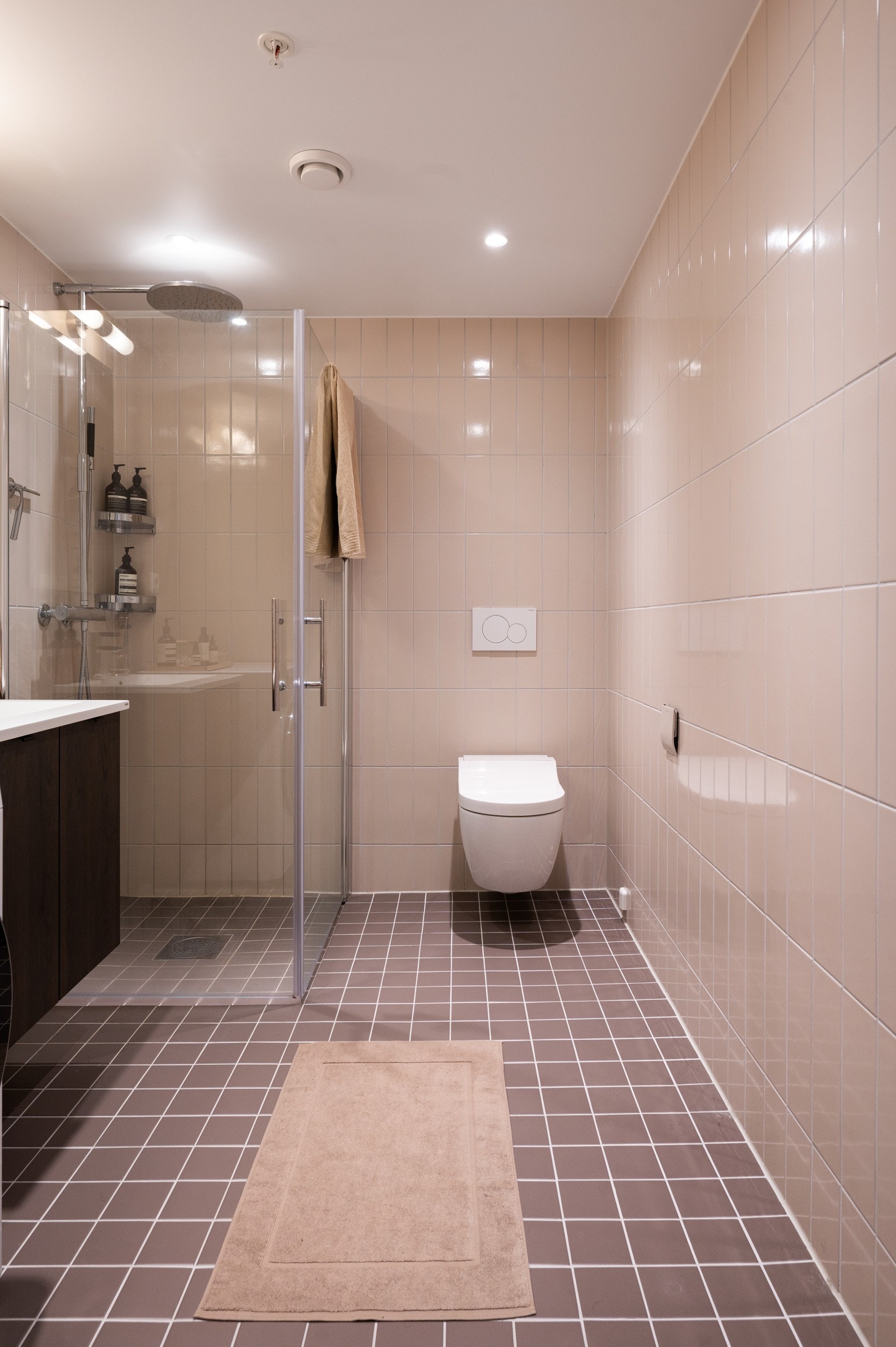 Badet er utstyrt med vegghengt toalett og dusjhjørne med innfellbare glassdører og rainshower Galleribilde