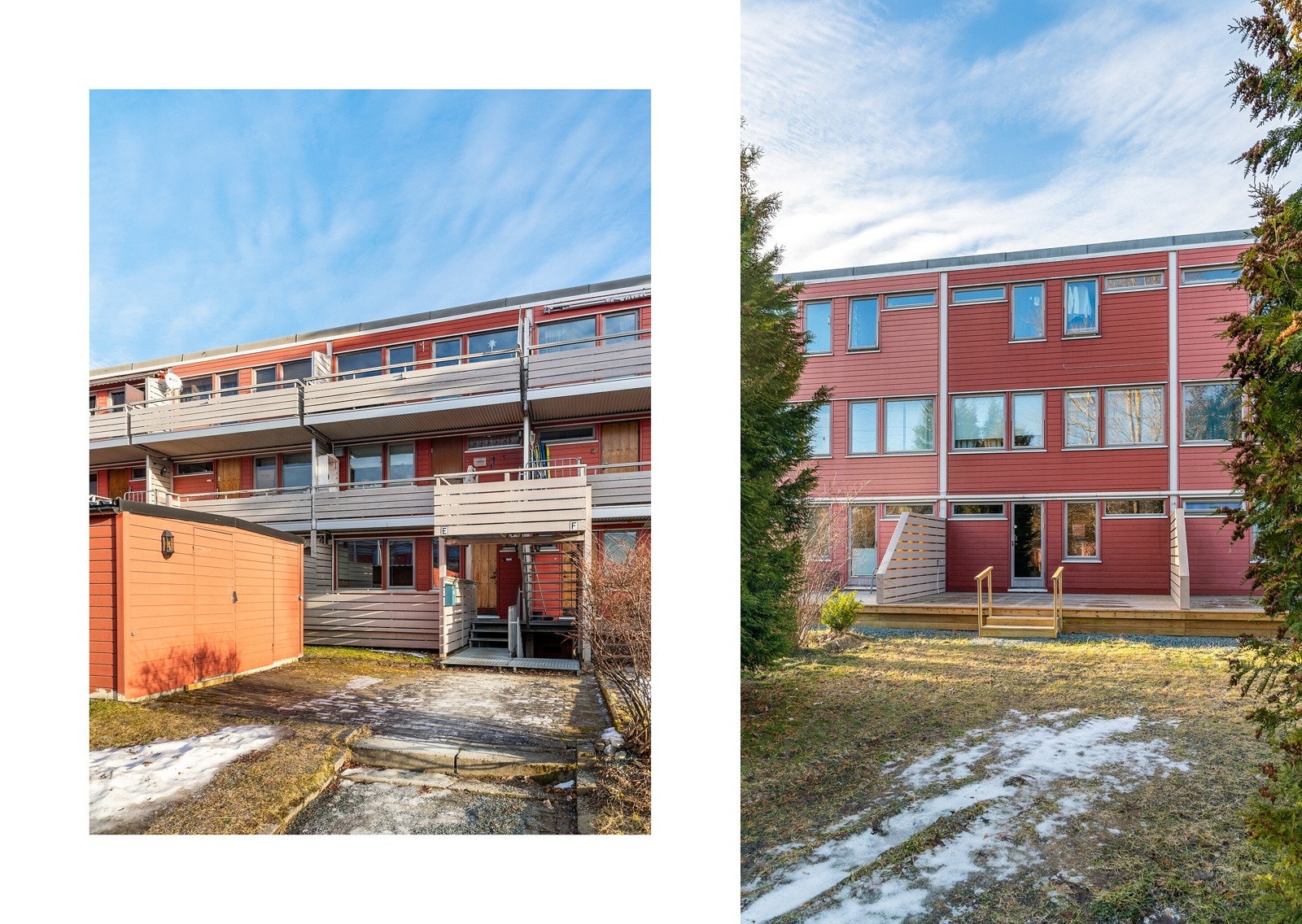 Leiligheten har store, fine uterom på begge sider av bygget, slik at man på godværsdagene kan flytte seg etter solen og nyte den gjennom hele dagen. Galleribilde
