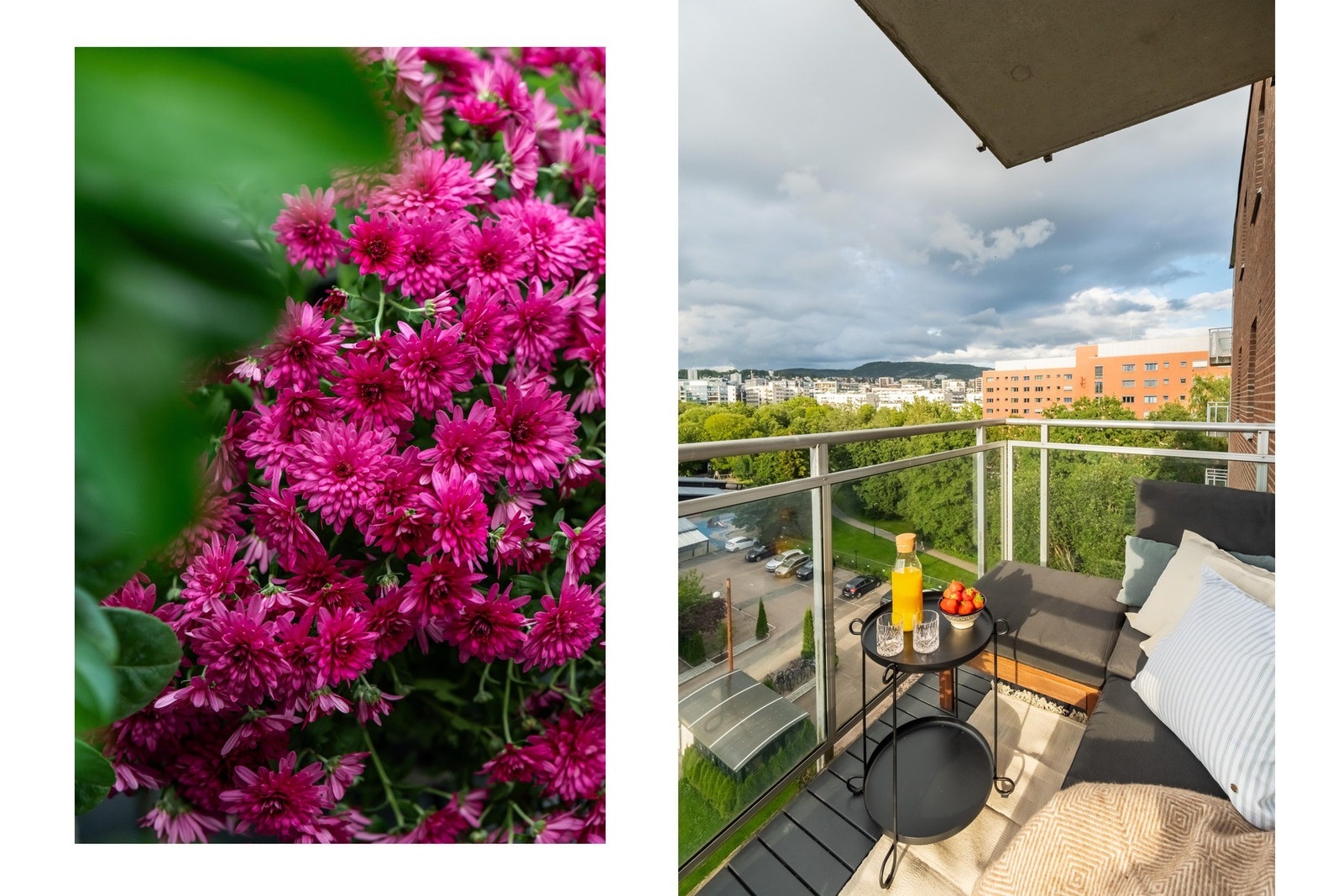 Balkongen vender mot nordvest, som betyr at du midt på sommeren får fin morgensol, i tillegg til ettermiddags- og kveldssol fra rundt kl. 17:00/17:30 til den går ned. Galleribilde