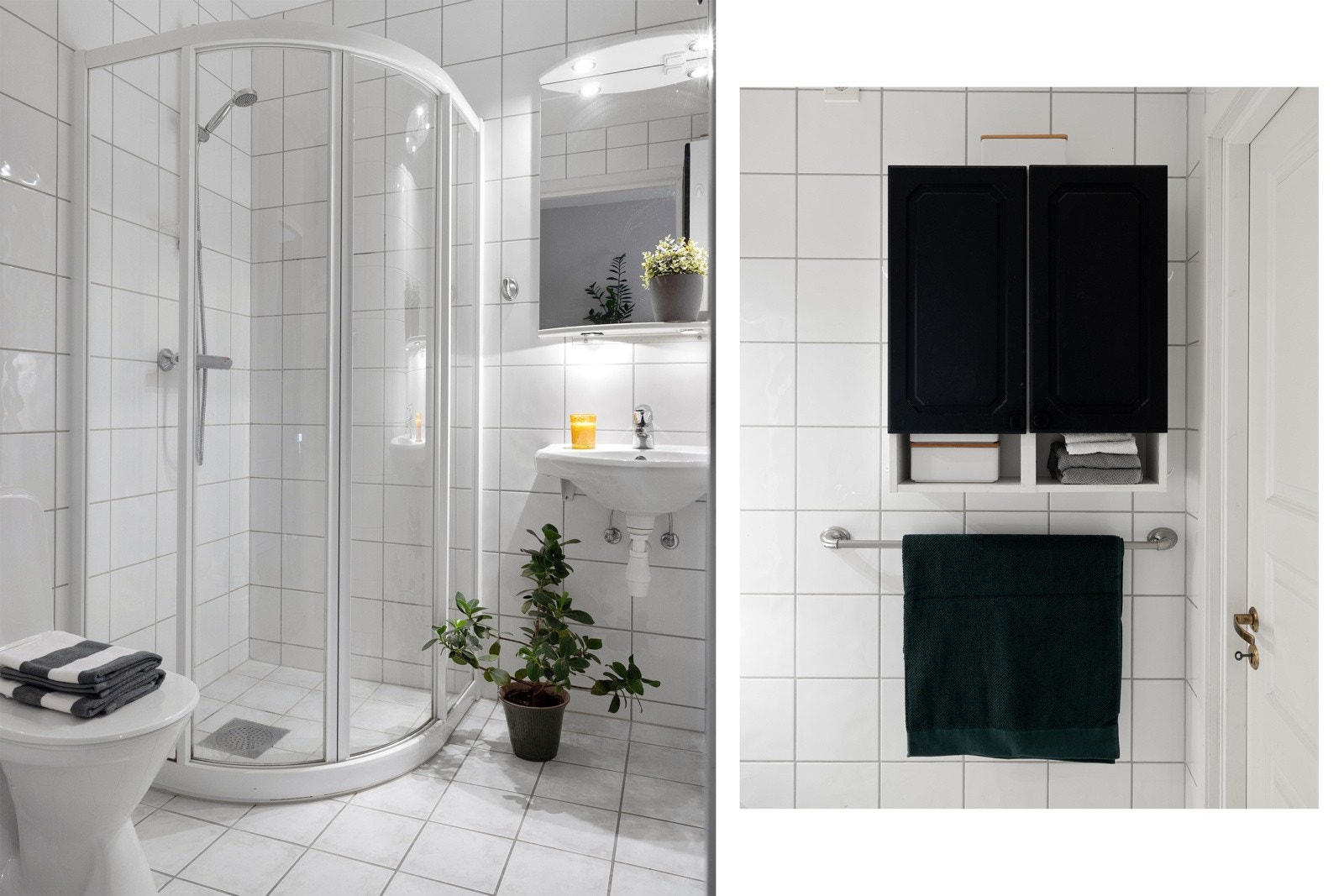 Pent flislagt bad med varmekabler for økt komfort. Dusjhjørne med skyvedører og termostatstyrt dusjbatteri i krom med hånddusj. Veggmontert servant med ett-greps armatur i krom gir et moderne uttrykk. Badet er videre utstyrt med gulvstående toalett. Galleribilde