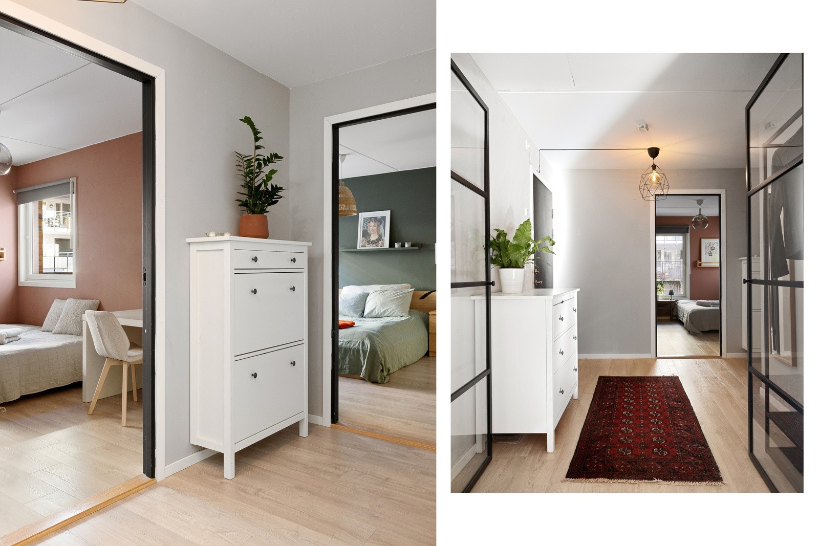 Stilrene metall- og glassdører skaper en elegant overgang mellom entré og stue, samtidig som de bevarer det naturlige lysinnslippet. Galleribilde