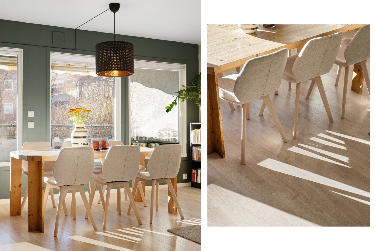 Stuen har moderne fargevalg, lyse gulv og store vindusflater som slipper inn rikelig med naturlig lys. Galleribilde