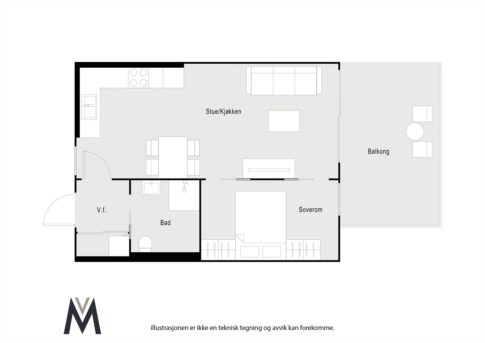En moderne planløsning med åpen stue/kjøkken løsning med utgang til balkong. Galleribilde