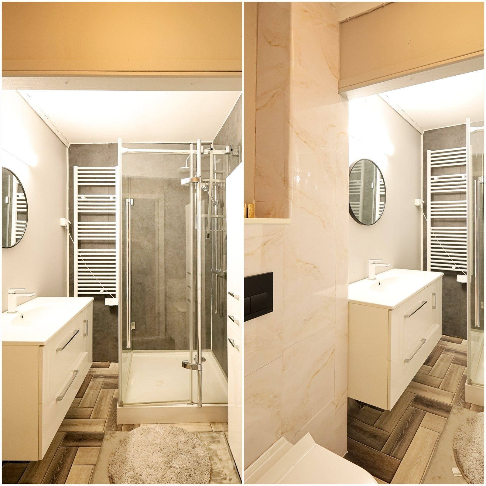 Bad med toalett, servant og dusjkabinett. Galleribilde