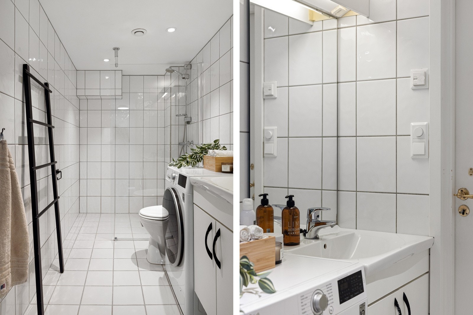 Romslig flislagt bad antatt fra 2001 med elektriske varmekabler i gulv Galleribilde