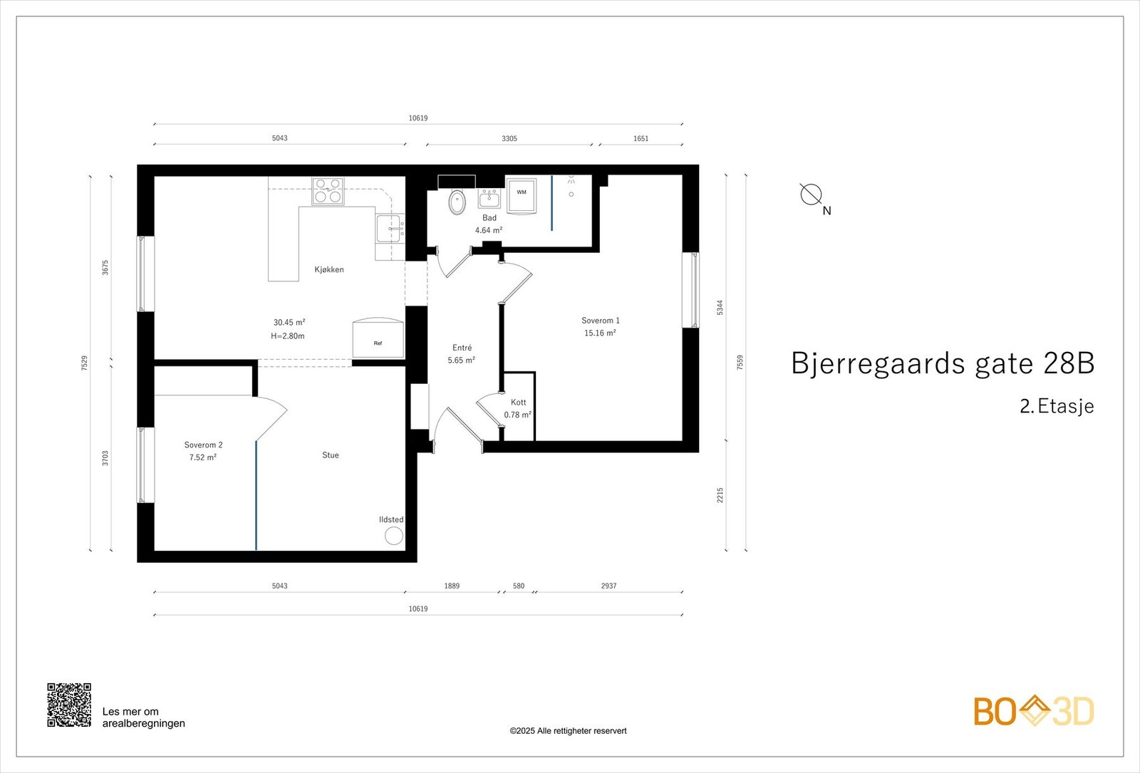 Leiligheten ligger fint til i byggets 2. etasje. Her har du en målsatt planskisse, slik at du får orientert deg. Boligen disponerer i tillegg to boder med totalt areal på 10 kvm. Galleribilde