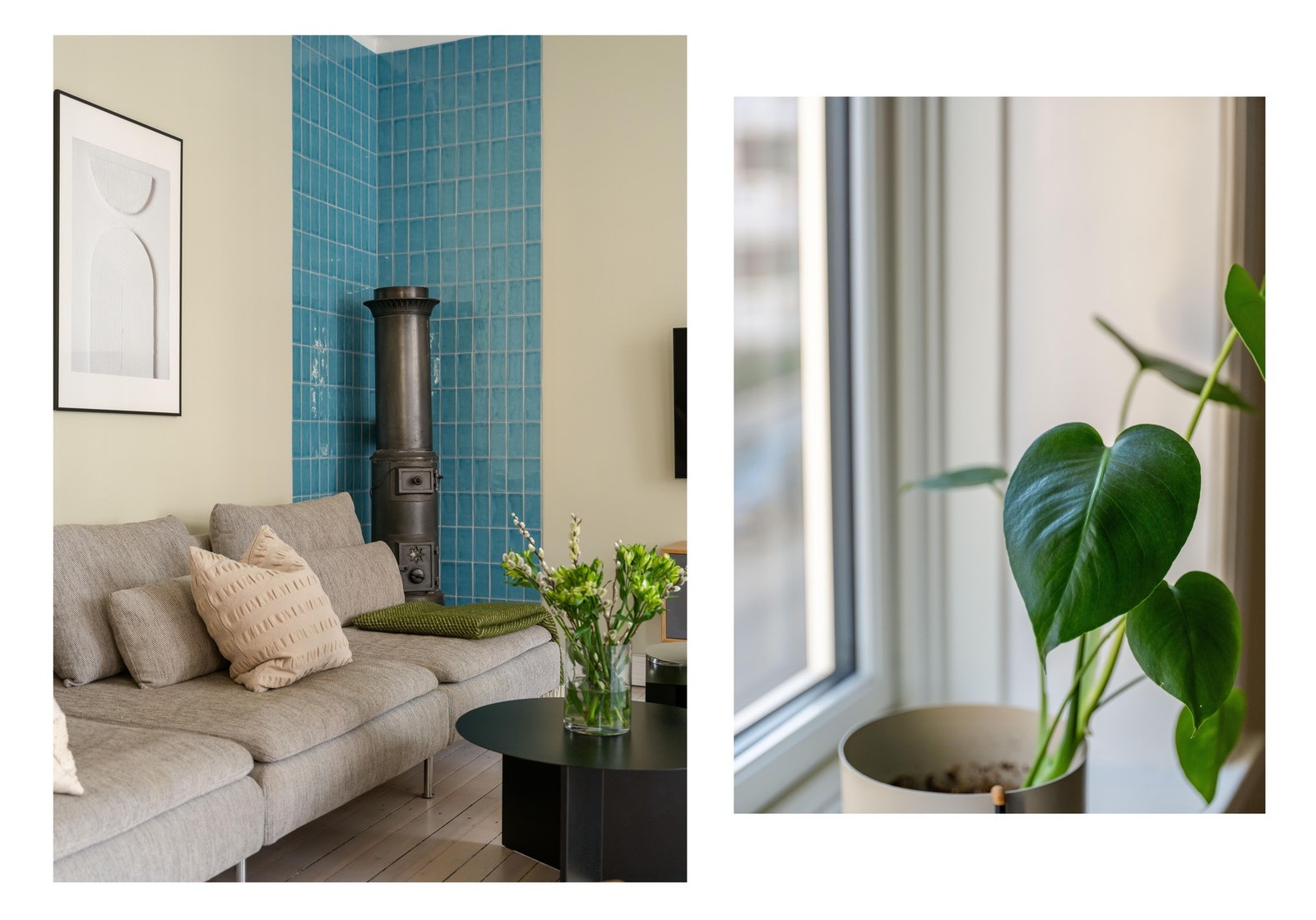 I enden av stuen finner vi en klassisk og pen rundovn. Denne varmer godt på kalde vinterdager. Galleribilde