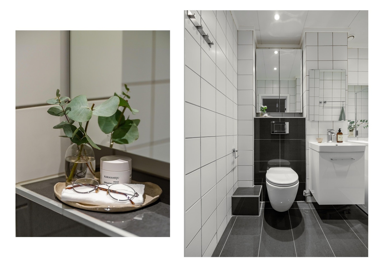 Fra entreen finner vi leilighetens baderom, pusset opp i regi av borettslaget i 2003/04. Det fikk videre nye fliser og innredning i 2014. Galleribilde